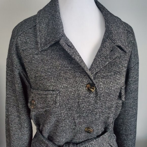 Tweed Style Fall Jacket Button Down Belted Heathered Grey Knit Pockets Cuffs - Picture 2 of 11